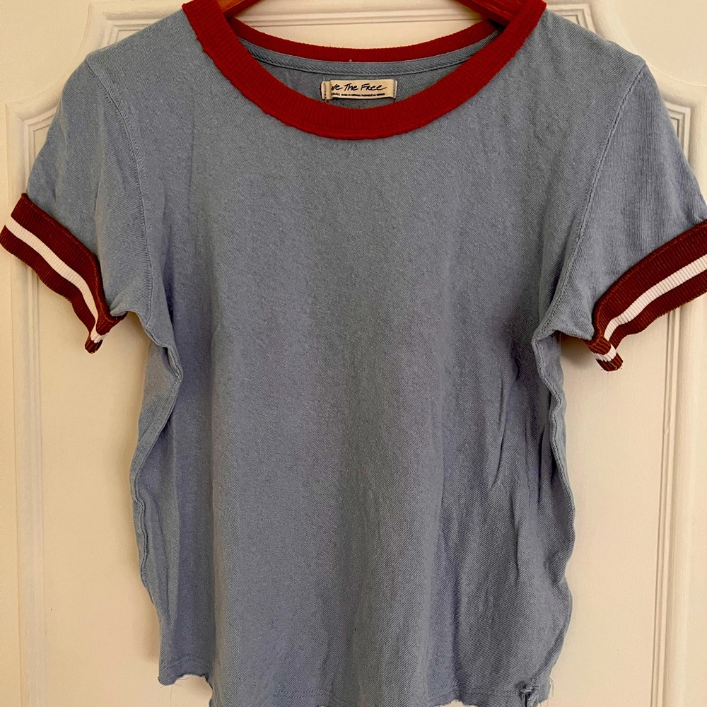 Free People Let’s Do This Tee in palest sapphire, orange around sleeve & neck